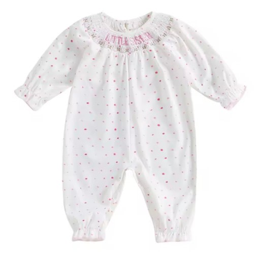 Baby Girls Boutique Smocked LITTLE SISTER Embroidered Bubble Romper Onepiece