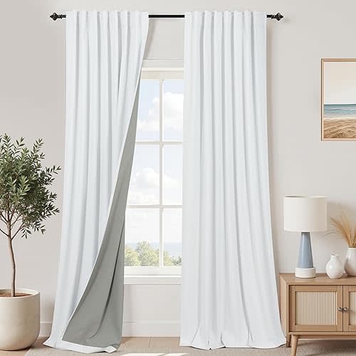 KOUFALL White Linen Textured Blackout Curtains 108 Inches Long for Bedroom,Back Tab Thermal Insulated Pleated Drapes for Apartment Studio,9 FT 2 Panels