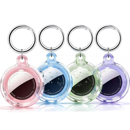 Galafoki Waterproof 4 Pack Compatible with Apple AirTags Holder, Clear Air Tags-4 Pack Air Tags Case with AirTags Keychain for Kids Dog, Pet,Car Keys, Luggage-Purle+Pink+Blue+Purple+Black+White