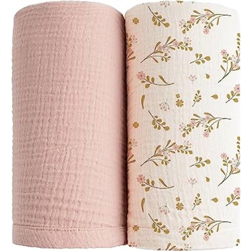 Konssy 2 Pack Muslin Swaddle Blankets for Baby Boys Girls, Receiving Blanket Large 47 x 47 inches, Soft Breathable Muslin Baby Blanket for Unisex Newborn(Pink, Floral)