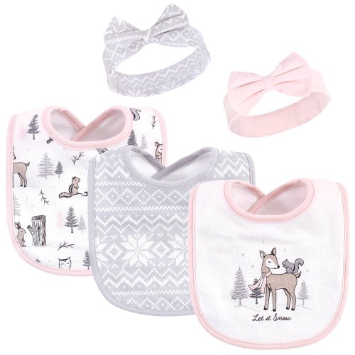 Hudson Baby Infant Girl Cotton Bib and Headband Set 5pk, Winter Forest, One Size - Winter Forest - One Size
