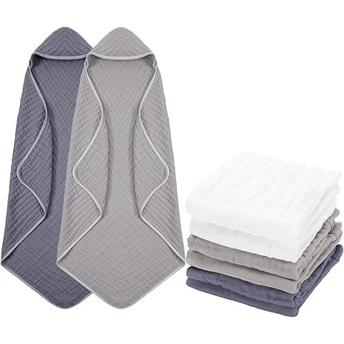8 Pack Baby Bath Towels and Wash Cloth Set Muslin Hooded Soft 100% Cotton Baby Hooded Bath Towel Absorbent Towels Cloths for Babies, Infant, Toddler and Kids Newborn(Gray Series)