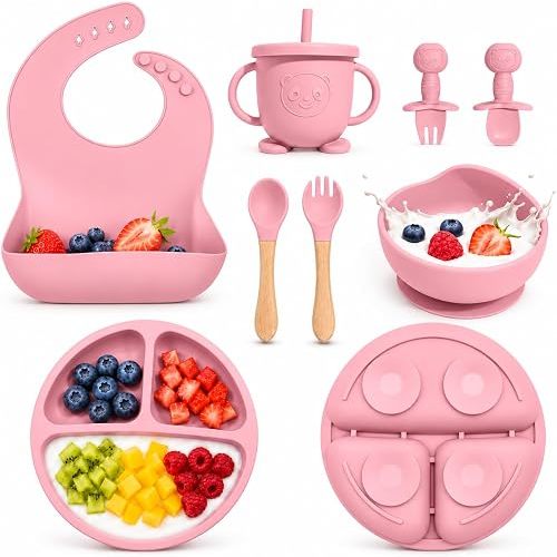 Silicone Baby Feeding Utensils Set for 6+ Months, 8 Pcs, Pink