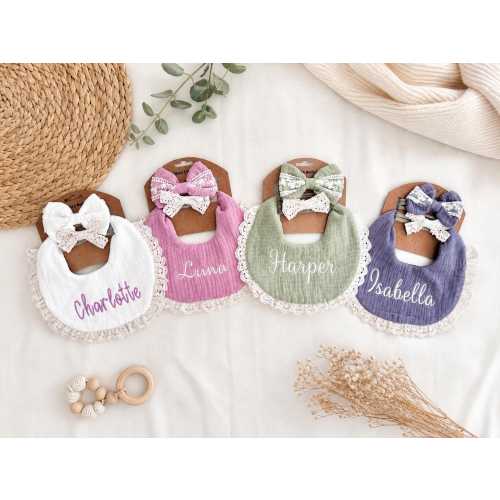 Embroidered Baby Girl Bib and Bow Set: Personalized Cotton Muslin Bib with Lace Trim