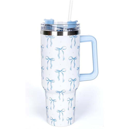 40 Oz Blue Bow Tumbler with Handle Straw and Lid Bow-Knot Travel Coffee Tumbler Cup for Women Friend Holiday Birthday