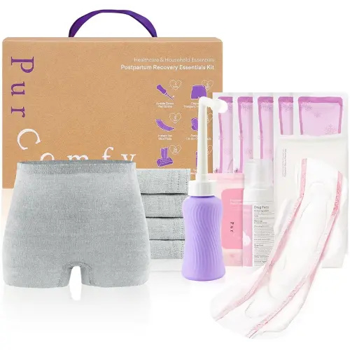 18 Pcs Postpartum Essentials Recovery Kit, Includes 5 Disposable Underwear, 24 Perineal Soothing Pad Liners, Perineal Soothing Foam, 5 Instant Ice Pads, Peri Bottle and 5 Postpartum Pads