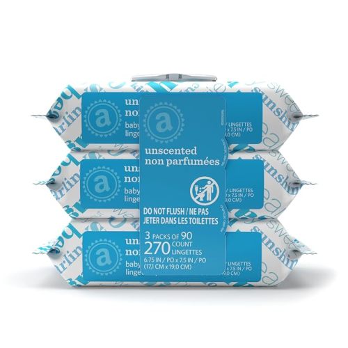 Amazon Elements Baby Wipes, Unscented, Hypoallergenic, Alcohol-Free, 270 Count, Flip-Top Packs