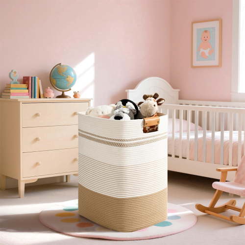 85L Large Foldable Laundry Hamper Basket with Leather Handles - Breathable Cotton Collapsible Storage Bin for Bedroom, Living Room, Dorm