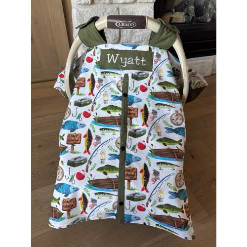 Cute Baby Car Seat Canopy Cover - Gone Fishing - All Cotton or Minky - Baby Boy - Shower Gift
