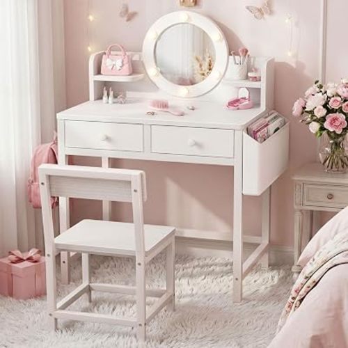BOLUO Kids Vanity Table and Chair Set, Kids Vanity for Girls with Lights and Mirror, 2 in 1 Kid Vanity Set, Princess Makeup Vanity Desk with Drawers White
