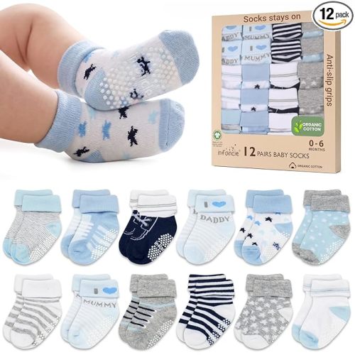 Organic Cotton GOTS Certified Baby Socks 12 Pairs for Newborn Girls 0-6 Months, Soft Breathable Infant Socks, Cute Little Girls Socks, Baby Registry Essential