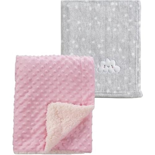 CREVENT 2Pcs 75cmX100cm Cute Cozy Fluffy Warm Baby Blankets for Infants Toddlers' Bedding Crib Cot Stroller - Grey Cloud + Pink Sherpa