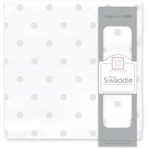 SwaddleDesigns Cotton Muslin Swaddle Blanket, Receiving Blanket for Baby Boys & Girls, Best Registry Gift, 46x46 inches, French Dots, Sterling