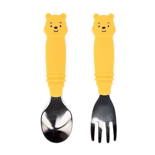 Bumkins Disney Toddler Utensils, Kids Size Fork and Spoon Set, Silicone and Stainless-Steel Training Silverware, Fork/Spork, 18 Mos Up, Winnie the Pooh