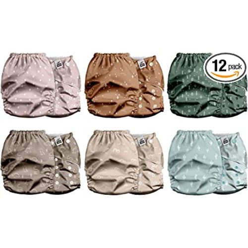 Mama Koala 2.0 Baby Cloth Diapers with AWJ Lining and Tummy Panel, Washable Reusable Pocket Diapers, 6 Pack with 6 Bamboo Diaper Inserts (Simply Neutrals)