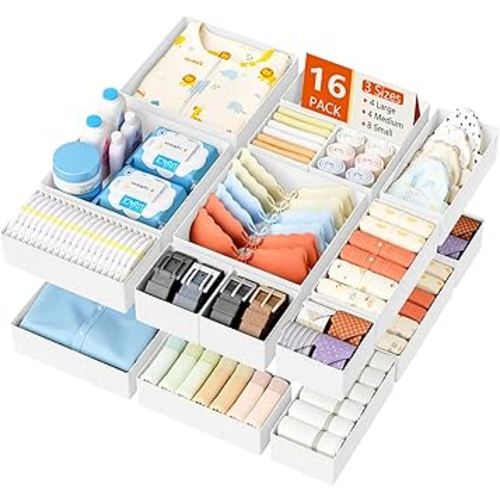 DIMJ Drawer Organizer Clothes - 16 Pack Baby Dresser Organizer for Nursery, Foldable Drawer Organizer Bins for Closet Bedroom Organization, Fabric Clothes Storage Dividers for Underwears, Socks, Bras