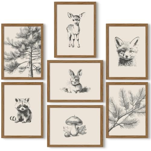 Nursery Wall Art Woodland Animal Canvas Wall Decor Baby Room Pictures Forest Animal Prints Kids Wall Art Pine Tree Poster Nature Vintage Artwork Deer Fox Painting for Bedroom 12x16x7 Inch Framed