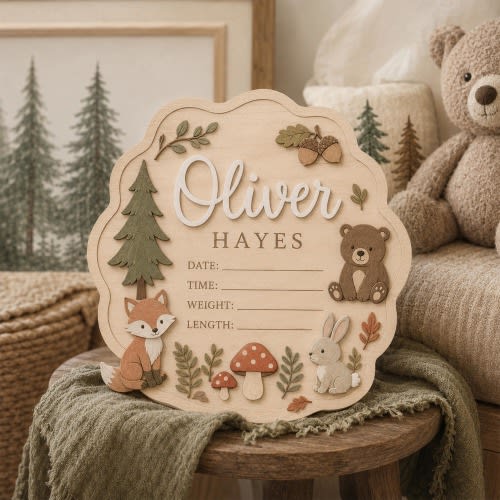 Woodland Animal Baby Name Sign, Forest Nursery Decor, Wooden Birth Announcement Board, New Baby Gift, Bear Fox Nursery Sign Wall Hanging