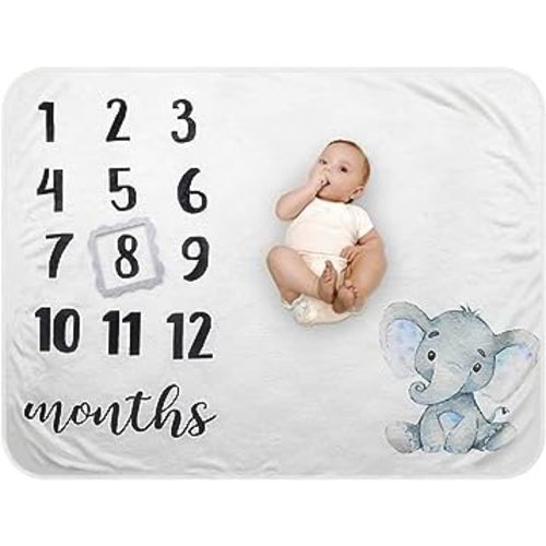 Baby Monthly Milestone Blanket - Organic Plush Fleece Photography Background Prop for Boy Girl Newborn Soft Elephant Blanket with Frame Large 47''x40''