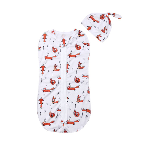 Qiylii Newborn Infant Baby Cartoon Animal Zipper Swaddle Wrap Blanket+Hat,0-6M