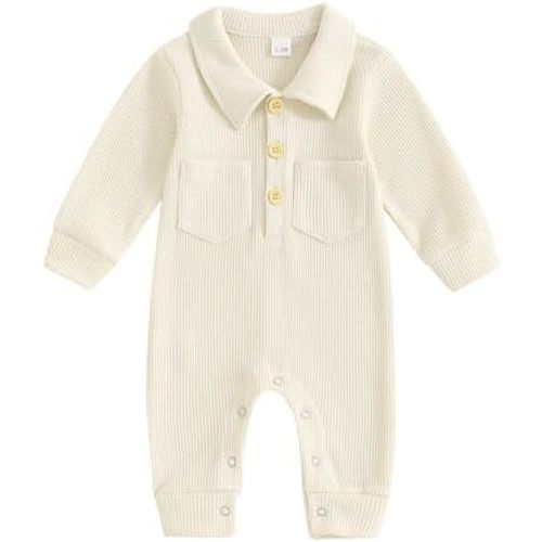 Lesimsam Newborn Baby Boy Waffle Knit Collared Romper Jumpsuit Solid Button Long Sleeve Bodysuit One-Piece Fall Winter Outfit
