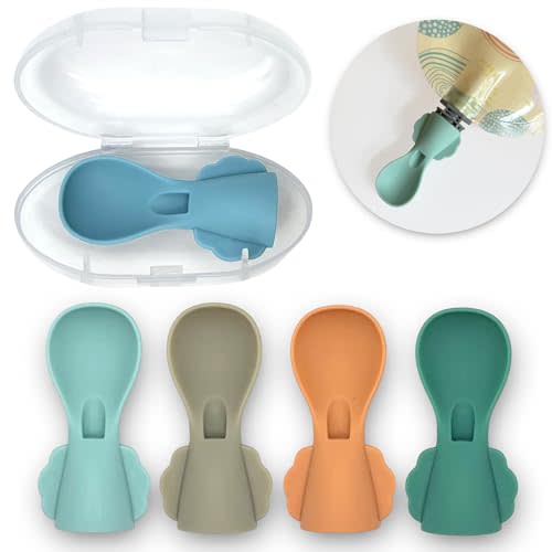 LittleWhispers Stage 1 Baby Pouch Spoon Attachment - 5 Pack Small Spoons - Travel Case Included - Silicone Baby Food Pouch Spoon Tops - Squeeze Baby Pouch Topper