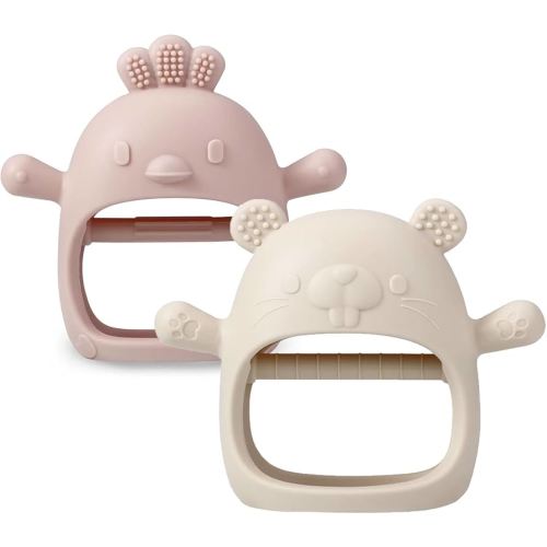 PandaEar 2 Pakc Silicone Baby Teething Toys| Baby Hand Teether Mitten for Sucking Needs| Baby Chew Toys Hand Pacifier for Soothing Teething Pain Relief (White/Pink)