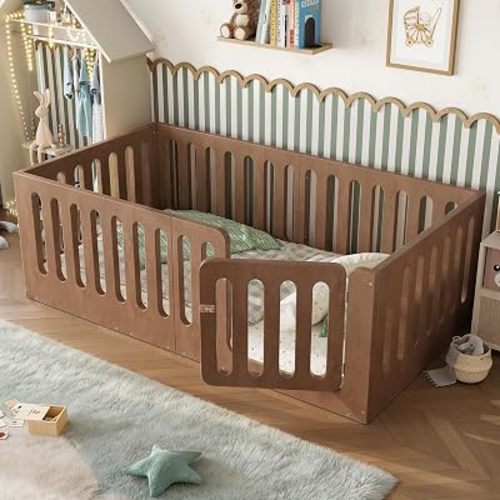 KEIKI Twin Size Wood Montessori Floor Bed Frame with High Fence, Natural