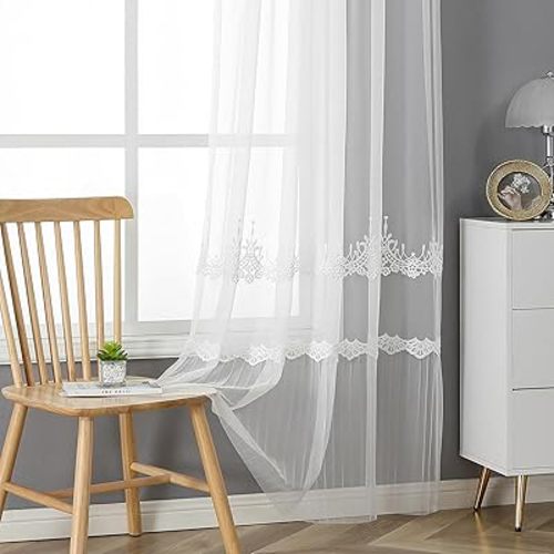 VISIONTEX White Sheer Voile Curtains, Decorative White Embossed European Rod Pocket Window Drapes for Home Kitchen, Living Room and Bedroom 54 x 63 Inch, Set of 2 Curtain Panels