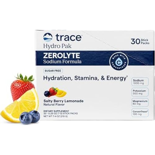 Trace Minerals ZeroLyte Electrolyte Powder Mix — Zero Sugar Hydration Mix — Ancient Sea Salt + Coconut Water — Replenishes Electrolytes Lost Through Exercise — Salty Berry Lemonade 30-Packets