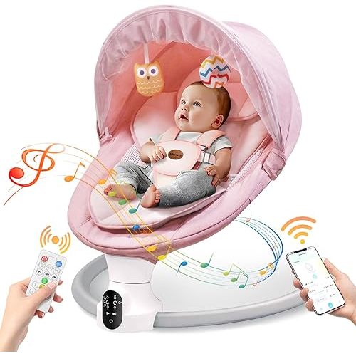 Baby Swing for Infants - Electric Baby Rocker with Exclusive App Function, Upgraded 5 Point Harness, Bluetooth Support, 10 Preset Lullabies and 5 Speeds, Portable Swing for Baby Boy Girl（Pink）