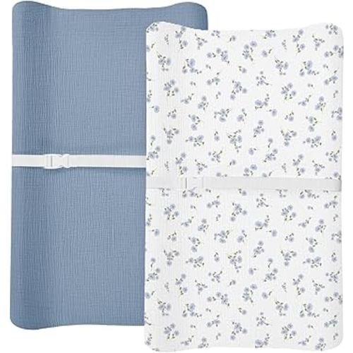 Changing Pad Cover for Baby Boy Girl 2 Pack, Muslin Changing Table Pad Covers with Boho Style, Neutral Nursery Bedding Essentials Soft and Breathable (Bluebell Bloom & Light Blue)