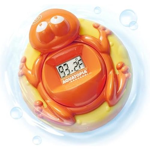Aquatopia Baby Bath Thermometer Floating Toy with Digital Audible Alarm, Baby Water Thermometer for Bath Temp, Cute Baby Bath Essentials, Beeps When Too Hot or Too Cold, Fergus Frog, Orange