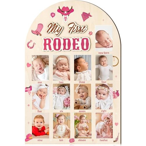 R HORSE My First Year Photo Frame Board, 3D Western Cowgirl Birthday Decorations Display Wood Board, Baby First Year Picture Frame 12 Months Milestone 1st Birthday Nursery Decor Gift for Girl