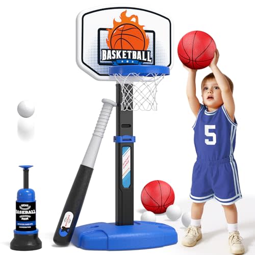 Wee Wonders 2 in 1 Toddler Basketball Hoop and T Ball Set with Automatic Pitching Machine - Adjustable Height, Kids Basketball Hoop Suit for Indoor/Outdoor, Sport Toys Gifts for Boys Age 3-5, Black