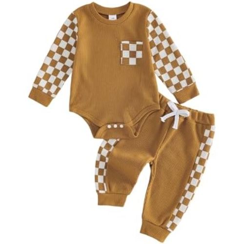 Newborn Baby Boy Girl Clothes Checkered Plaid Long Sleeve Waffle Knit Romper Pants Set 2 Piece Fall Winter Outfits