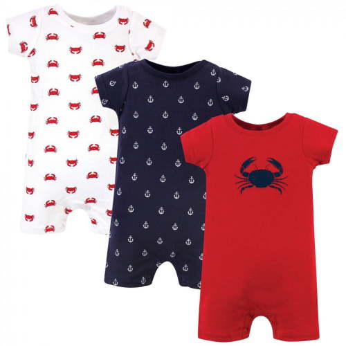 Hudson Baby Infant Boy Cotton Rompers 3pk, Crab, 3-6 Months