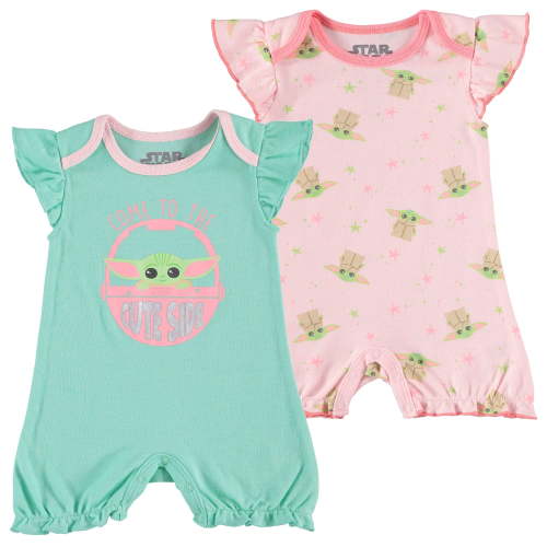 STAR WARS Baby Girls Ruffled Sleeve Shortie 2-Pack - Baby Yoda Baby Bodysuit 2-Pack - Baby Girls Clothing Pink/Green, 3-6M
