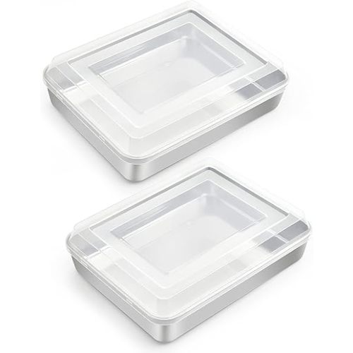 TeamFar Rectangular Cake Pans with Lids, 9.3’’ x 7’’ x 1.9’’ Stainless Steel Lasagna Brownie Pan For Roasting Baking, Healthy & Solid, Brushed Surface & Dishwasher Safe, (2 Pans+2 Lids)