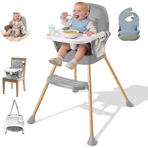Baby High Chair, High Chairs for Babies, Portable Dining Seat with Adjustable Food Tray & Footrest, Compact Infant Feeding Chair with 2 Baby Bibs, 5-Point Harness, Easy to Fold & Clean