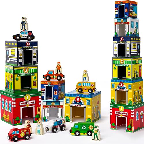Atoylink Toddler Sorting and Stacking Toys with Magnetic Wooden Cars & Community Helpers, Baby Number Blocks Nesting Boxes Preschool Learning Montessori Toys for 2 3 Year Old Boys Girls Gift