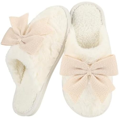 Women's Cute Bow Slippers Cartoon House Fur Shoes Cozy Indoor Momory Foam Outdoor