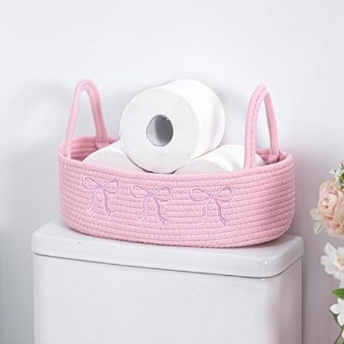 Pink Bow Woven Storage Basket for Toilet Tank Top Boho Cotton Rope Bathroom Countertop Organizer Basket with Handle Pink Bathroom Decor for Bedroom Nursery Toys Organizing, 13 x 6 x 4 Inch