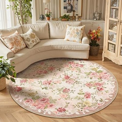 Lahome Floral Boho Round Rugs 6ft,Washable Round Rug for Dining Room Table