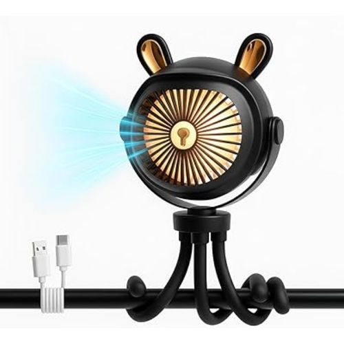 Stroller Fan for Baby with LED Light – Portable Clip-On Fan with Flexible Tripod Legs, USB Rechargeable, 3 Speeds, 120 Minutes Battery Life, Quiet Cooling for Travel, Nursery & Car Seat