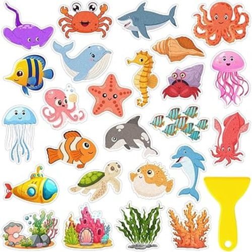 26Pcs Non Slip Bathtub Stickers, Cute Ocean Creature Stickers with Scraper, Anti Slip Bath Tub Shower Decal with Adhesive Back for Bathroom, Shower Stairs