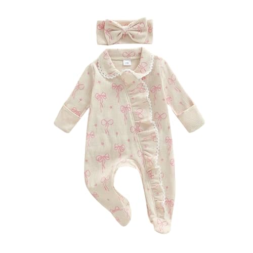allshope Newborn Baby Girl Fall Outfit Romper Footies Waffle Bow Zip Up Footed Jumpsuit Ruffle Trim Onesie Infant Clothes