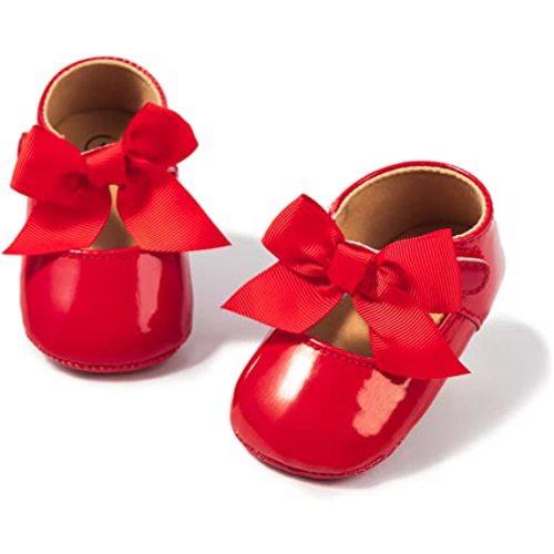 Baby Mary Jane Flats for Girls with Bowknot Cotton Anti Skid Sole Infant First Walker Princess Dress Crib Wedding Shoes