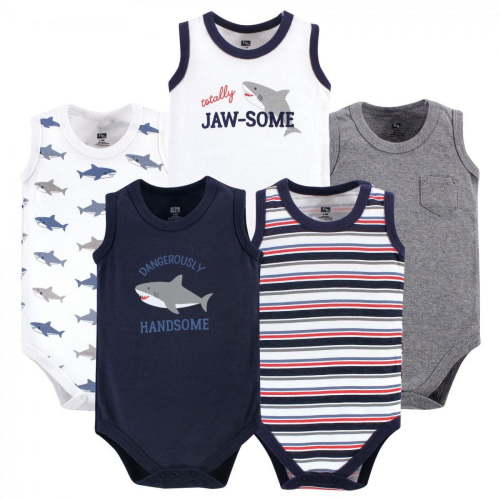 Hudson Baby Infant Boy Cotton Sleeveless Bodysuits 5pk, Shark, 0-3 Months