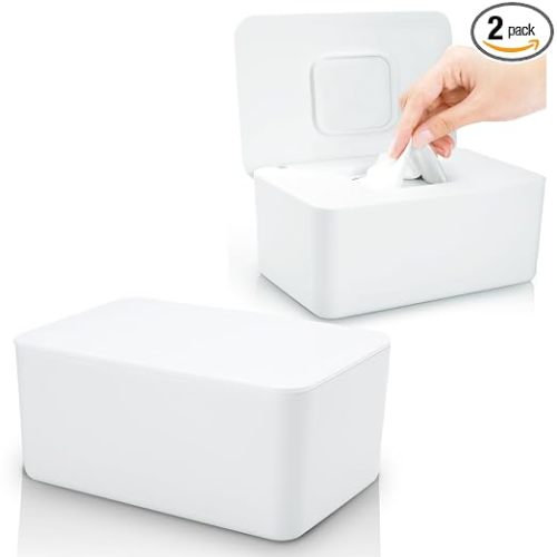2 Pack Lijroavy Baby Wipes Dispenser, Baby Wipe Holder for Fresh Wipes, Non-Slip Baby Wipes Container, Refillable Wipes Box, Wipes Case with Sealing Design Lid (White and White)